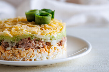 Layer canned tuna, cucumber, egg and cheese salad on white plate on a table. Selective focus. Copy...