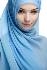 Naklejka premium close-up photography of a Muslim woman in hijab with a blue color theme isolated on a transparent white background PNG