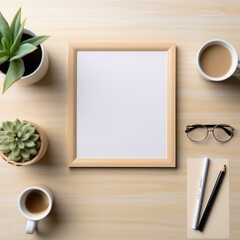 Table With Picture Frame, Pen, Eyeglasses, and Cup