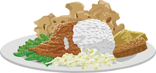 Indonesian food called pecel with tempeh, tofu, vegetables, sprouts, peyek and peanut sauce vector illustration