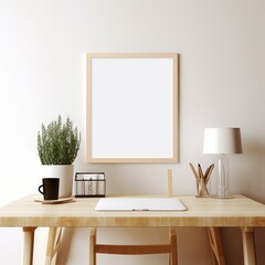Desk With Lamp, Plant, and Picture Frame