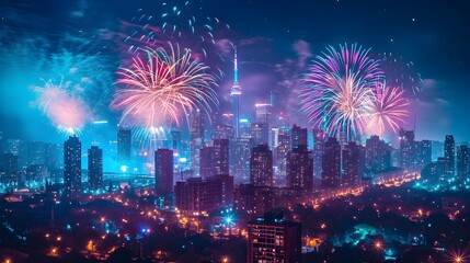 Fototapeta premium Skyline Spectacle: Fireworks Illuminating the City with Vibrant Light Trails