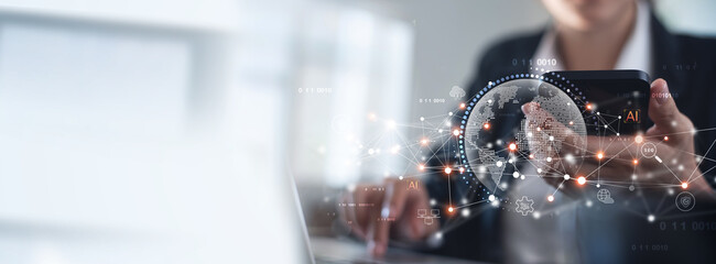 Digital marketing, global business, e-commerce concept. Businessman using mobile phone and laptop...