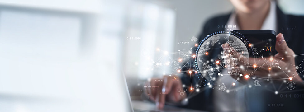 Digital marketing, global business, e-commerce concept. Businessman using mobile phone and laptop computer with global internet network connection technology, social media marketing, IoT