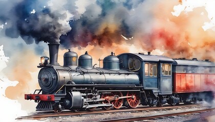 Watercolor Steam engine train background created with generative ai	