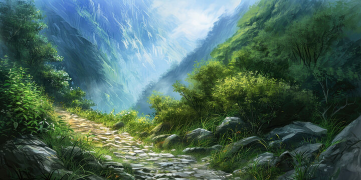 painting of a sunny mountain path through the valley, generative AI