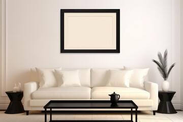 Fototapeta na wymiar Modern Living Room With White Couch and Black Coffee Table