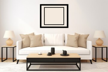Fototapeta na wymiar Living Room With White Couch and Two Tables