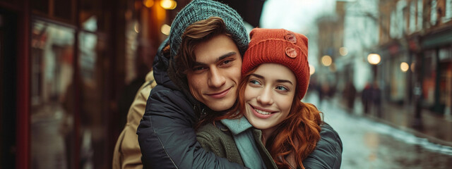 beautiful couple in love hugging each other in winter - obrazy, fototapety, plakaty