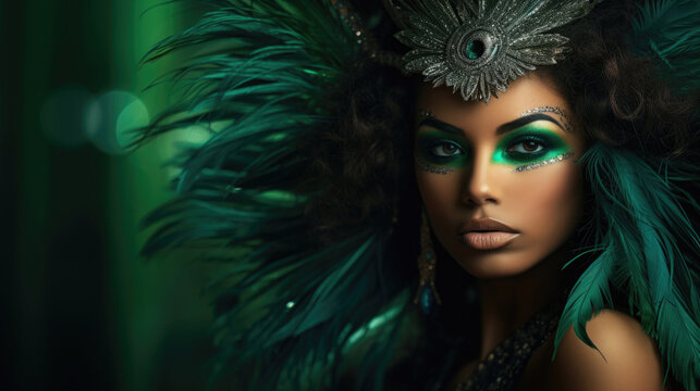 Portrait of sexy african brazilian woman in golden and green emerald venetian carnival mask.