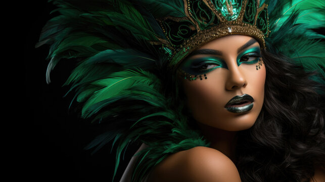 Portrait of sexy african brazilian woman in golden and green emerald venetian carnival mask.