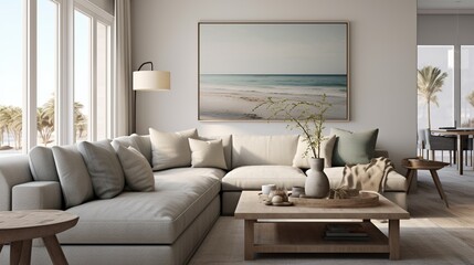 Modern elegant scandinavian inspired interior design of living room with soft color palettes 