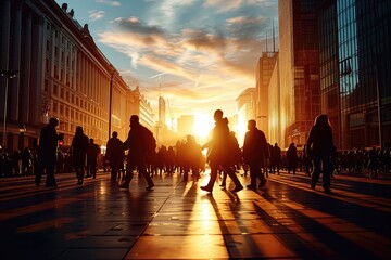 people walking in the city sunset - obrazy, fototapety, plakaty
