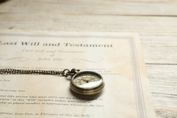 Last Will and Testament with pocket watch on white wooden table, closeup. Space for text