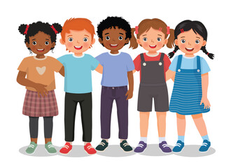 Group of happy kids standing together with arm around embracing friends
