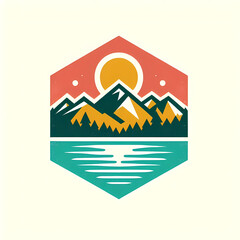 natural landscape logo of mountain, lake and sun, ai generate