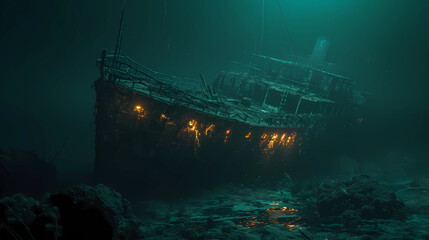 A sunken ghost ship resting at the ocean floor - obrazy, fototapety, plakaty
