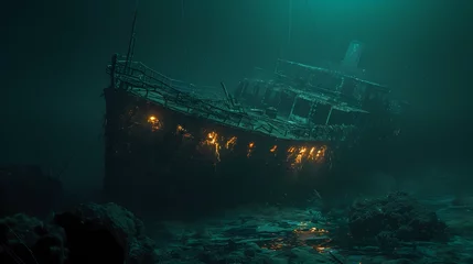 Rolgordijnen A sunken ghost ship resting at the ocean floor © ginstudio