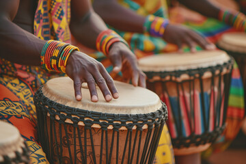 Scene of Musicians Playing Traditional African Instruments, Close-Up, Detail on Hands. - obrazy, fototapety, plakaty