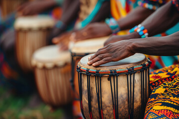 A group of African musicians playing leather drums, Close-Up, Detail on Hands.