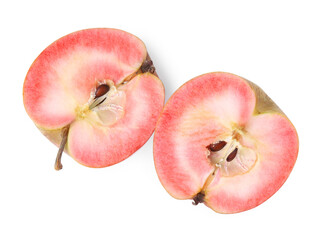 Halves of apple with red pulp isolated on white, top view