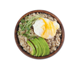 Delicious boiled oatmeal with poached egg, avocado and microgreens in bowl isolated on white, top view