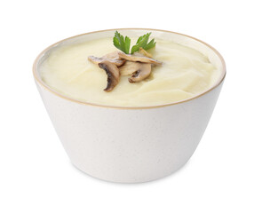 Bowl of tasty cream soup with mushrooms and parsley isolated on white