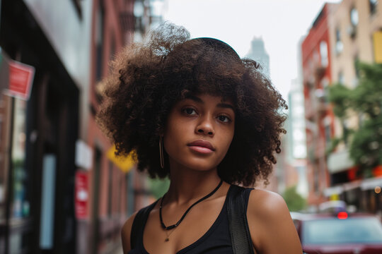 Portrait of an african american girl walking in the streets of new york. lifestyle concept.