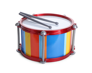Bright drum with sticks isolated on white