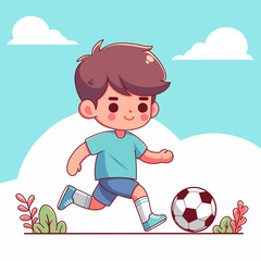 Flat design illustration cute boy playing football