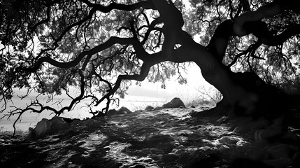 An ancient tree in silhouette