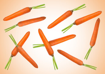Fresh ripe carrots falling on pale orange gradient background