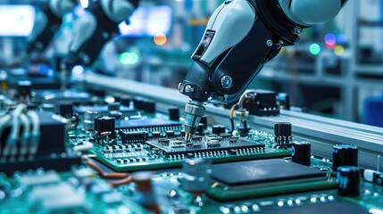 Advanced High Precision Robot Arms on Fully Automated PCB Assembly Line Inside Modern Electronics Factory.
