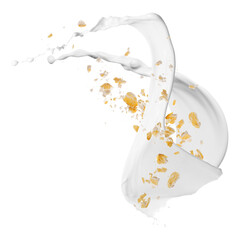 Rolled oats and milk splash isolated on white