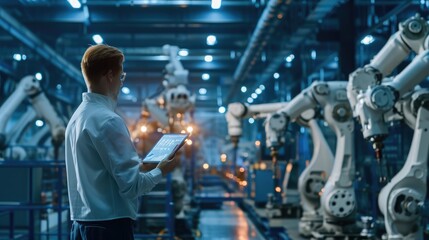 Businessman in high tech company controlling manufacturing machines- using digital tablet