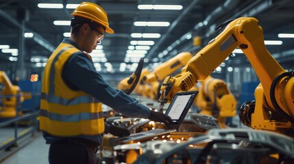 Car Factory Engineer in High Visibility Vest Using Laptop Computer.