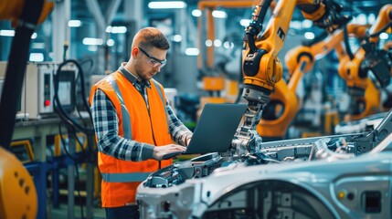 Car Factory Engineer in High Visibility Vest Using Laptop Computer.