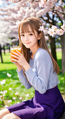 満開の桜の公園で花見をする笑顔の若い女性