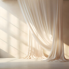 photorealistic creamy white linen curtains with prismatic light leaks against a white clay texture wall, abstract Ai generative 