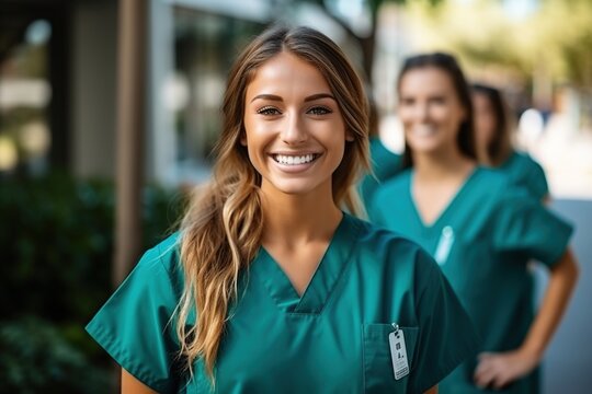 Confident female healthcare professionals in scrubs