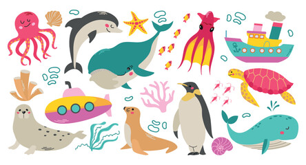 Obraz premium Set of sea and ocean animals turtle, squid, fishes, whale, octopus, submarine, ship, walrus, penguin, dolphin, plankton, clam, shell, sea lion,harp seal, corals, algae cartoon vector illustration