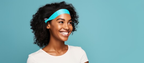 Smiling vaccinated millennial black woman with medical band on shoulder, isolated. - obrazy, fototapety, plakaty