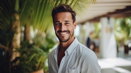 Happy man standing in front of palm trees
