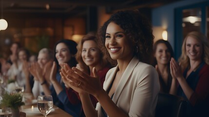 A Cheerful Woman Leads a Group's Applause in a Bright Conference Room