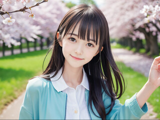 Fototapeta premium 満開の桜の公園で笑顔を見せる若い女性