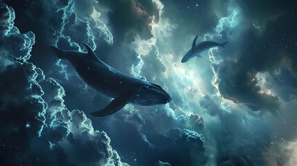 witness ethereal cosmic whales swimming