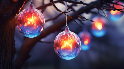 Glowing Baubles on a Tree with Blurred Lights