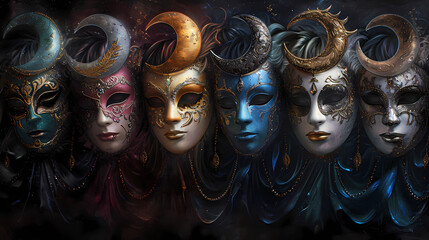 Masks inspired by the phases of a lunar eclipse - obrazy, fototapety, plakaty