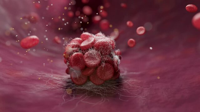 blood clot within artery, surrounded by flowing red blood cells. Realistic 3D rendering for educational and medical concept.