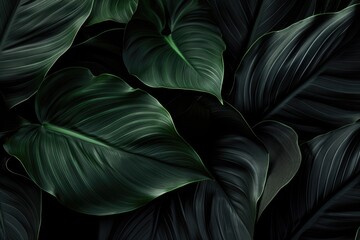 Closeup tropical forest plant. Floral botanical abstract background with dark green leaves texture. Exotic nature, rainforest. Houseplants and urban jungle concept